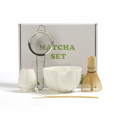 Matcha Whisk Set,Matcha Bowl with Spout,Matcha Whisk, Chasen Holder,Sifter,Bamboo Scoop 5 Pcs Perfect Matcha Making Kit,White
