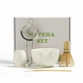 Matcha Whisk Set,Matcha Bowl with Spout,Matcha Whisk, Chasen Holder,Sifter,Bamboo Scoop 5 Pcs Perfect Matcha Making Kit,White