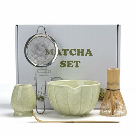 Matcha Whisk Set,Matcha Bowl with Spout,Matcha Whisk, Chasen Holder,Sifter,Bamboo Scoop 5 Pcs Perfect Matcha Making Kit