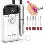 Electric Nail Drill Professional 45000 RPM, Rechargeable Nail Drill File Machine with 6 Bits, Portable Nail File for Manicure Salon Home (White)