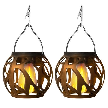 2 Pack Solar  Hanging Chandelier for Outdoor Garden  Hollow Hanging Lantern Flame Effect Courtyard Waterproof Landscape Decorative Lighting Christmas Gift