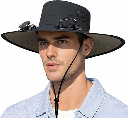 Solar Powered Fan Sun Hat, Wide Brim Cooling Bucket Hat with Dual Fans and Mesh Ventilation, Outdoor UV Protection Hat for Hiking, Fishing, Camping