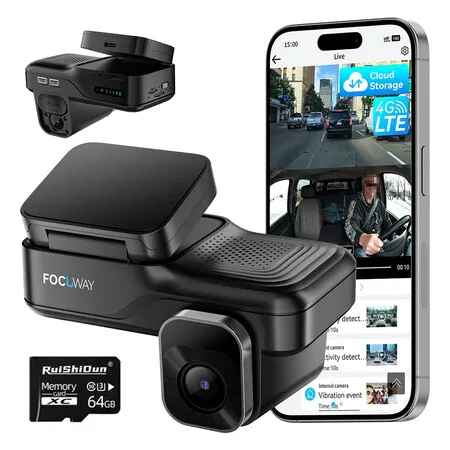 Dash Cam Front Inside, 4G LTE Security Cam for Car, Dual FHD Dash Camera, 24/7 Parking Mode, GPS, OBD Cable Includes