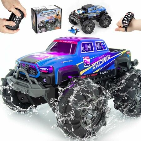 Remote Control Amphibious Monster Truck, 2.4GHz Dual Control with Watch & Controller, 360 Degree Rotating RC Car with LED Lights (Blue)