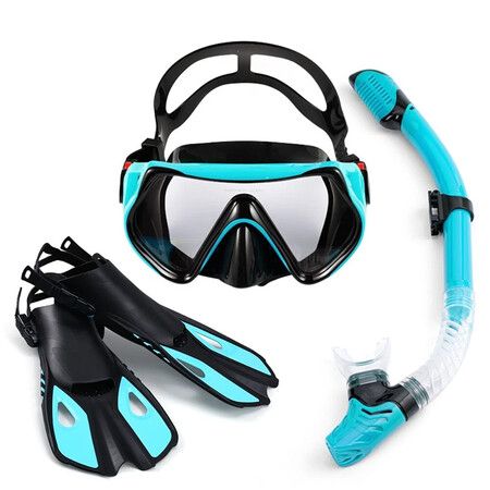 Diving Mask Fin Snorkel Set Panoramic View Snorkel Mask Adjustable Dive Flipper Dry Top Snorkel Color Green Size S/M