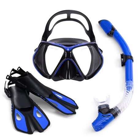 Diving Mask Fin Snorkel Set Panoramic View Snorkel Mask Adjustable Dive Flipper Dry Top Snorkel Color Blue Size L/XL