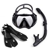 Diving Mask Fin Snorkel Set Panoramic View Snorkel Mask Adjustable Dive Flipper Dry Top Snorkel Color Black Size S/M