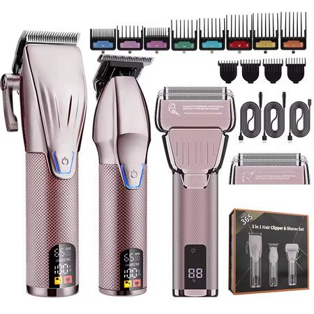 Professional Hair Clippers for Men, Barber Clippers and Trimmer Set with Cordless Electric Razor and LCD Display(Gold)