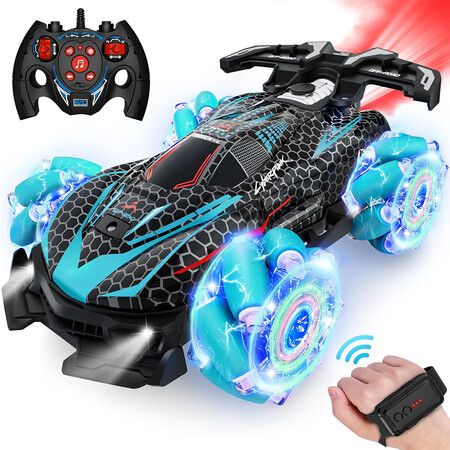 Remote Control Stunt Car, Gesture Sensing RC Cars for Boys Girls, 2.4GHz 4WD Remote Control Car with 360 Degree Rotating, Lights and Spray (Blue)