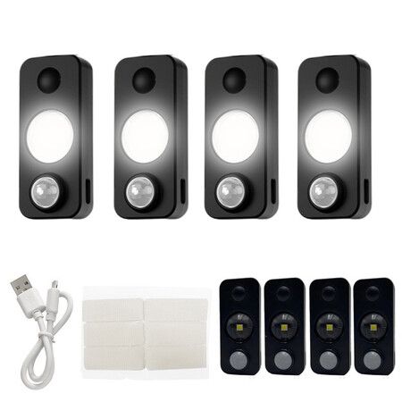 Black Shell 4 Pack White Light LED Smart Night Light Ideal For Various Home Settings Including Bedrooms Corridors Wine Cabinets Wardrobes