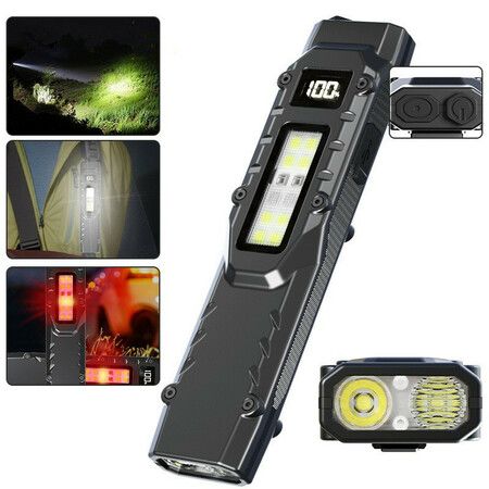 EDC Tactical Flashlight Compact 7 Mode Pocket LED Flashlight USB-C Rechargeable Digital Display,IPX5 with Side Light and Clip(Black)