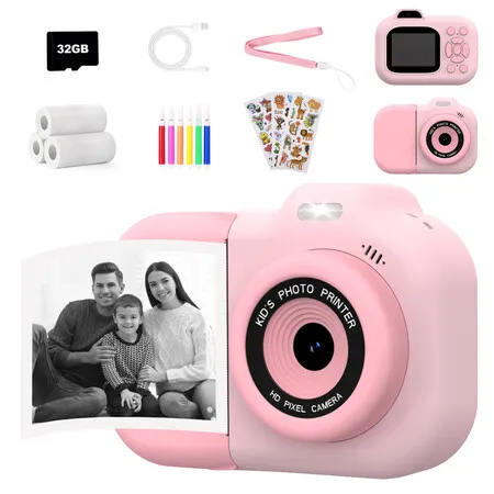 Instant Print Camera,1080P HD Dual Lens Selfie Camera,Digital Camera with 3 Rolls Paper and 32GB Card,Christmas Birthday Gifts-Pink