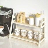 Wicker-Look Coffee Station Organizer,Bamboo Mug Holder Countertop,Kitchen Counter Shelf for Tea Coffee,Matcha Stand,Condiment Storage Rack,2 Tier