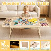 Jigsaw Puzzle Table 1500 Piece Wooden Board Games Desk Tray Craft Storage Organiser Holder Portable Foldable Legs 4 Drawers Adjustable LED Light Strip