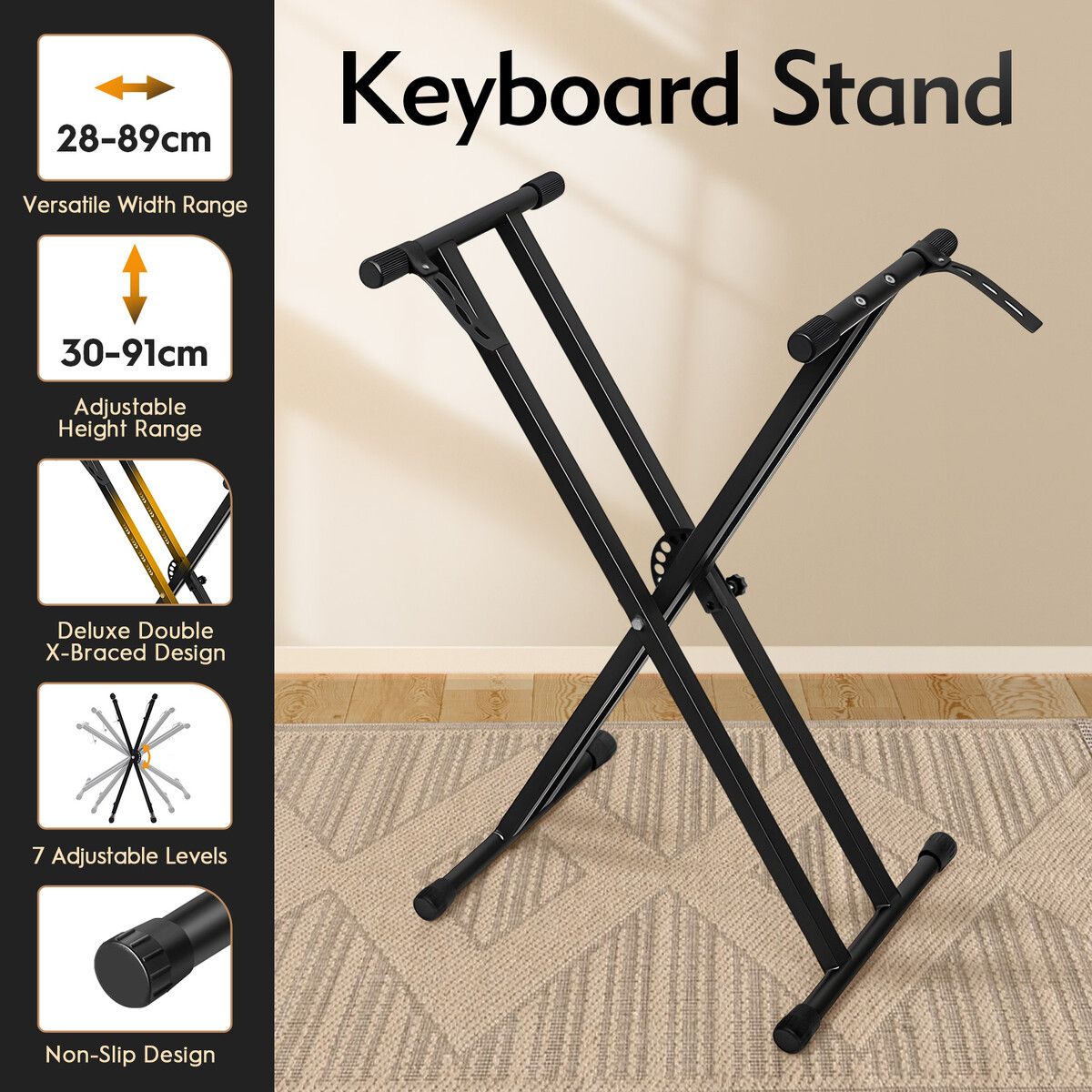 Keyboard Piano Stand Music Stage Folding Adjustable Double Braced X Style Steel Holder Locking Straps Quick Release System Black for Digital Keyboards