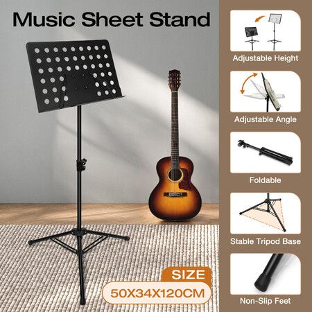 Sheet Music Stand Foldable Tripod Song Book Conductor Stage Holder Adjustable Black Steel Frame Portable for Studio School Professional Performance