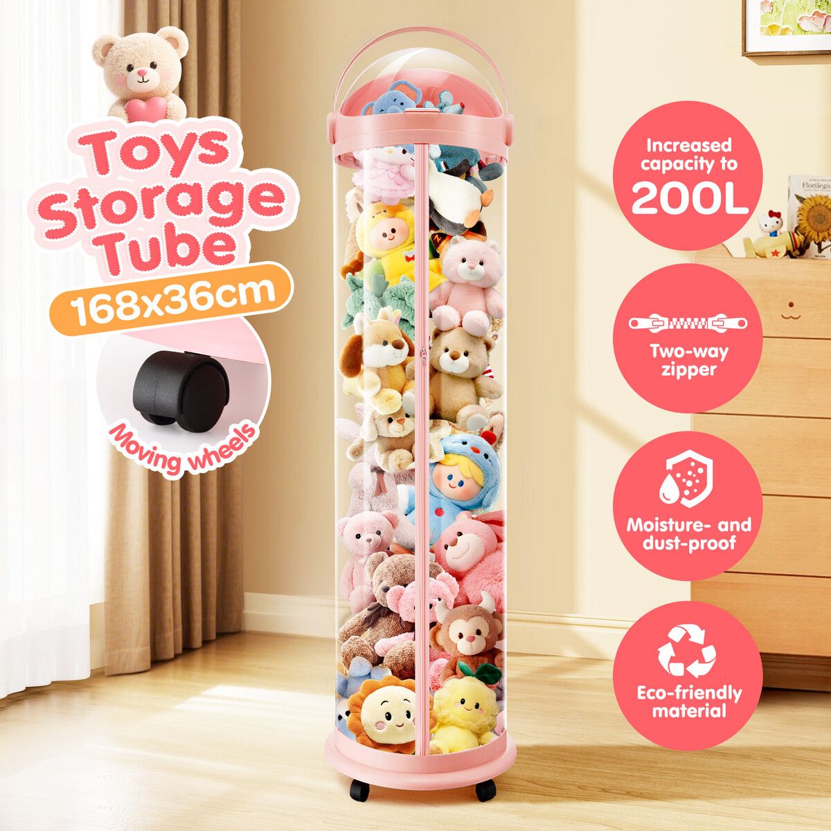 Stuffed Animal Storage Kids Toys Tube Box Zoo Plush Soft Doll Organiser Playroom Nursery Display Cabinet Holder Vertical Container Wheels 168x36cm