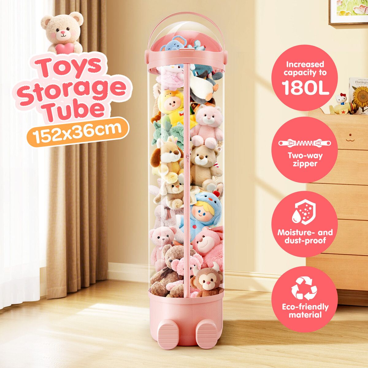 Kids Toys Storage Tube Stuffed Animal Zoo Plush Soft Cute Doll Box Organiser Playroom Nursery Display Cabinet Holder Container Vertical Stand 152x36cm