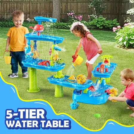 Waterfall Water Table Playset Sand Pit Play Ground Pool Toys Education Beach Activity Summer Outdoor Backyard Kids Sensory 5 Tier Waterplay Station