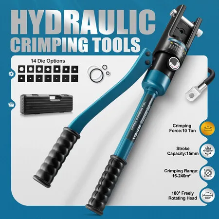 Hydraulic Crimping Tool Kit 10 Ton 14 Dies Electrical Wire Lug Terminal Crimper 12AWG 16-240mm Battery Cable Cutter Railing Power Force Auto Repairing