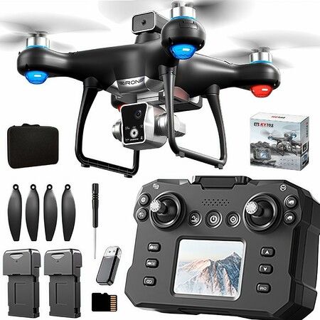 Drone with Screen Controller with SD card,Brushless Motor,Optical Flow Localization,Active Obstacle Avoidance,One Key Take Off Landing(2 Batteries-Black)