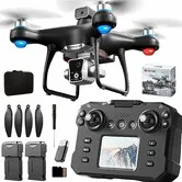 Drone with Screen Controller with SD card,Brushless Motor,Optical Flow Localization,Active Obstacle Avoidance,One Key Take Off Landing(2 Batteries-Black)