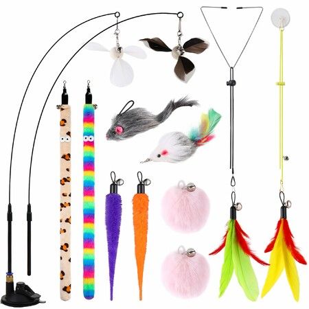 4-in-1 Interactive Cat Feather Toys,12Pcs Durable Fishing Pole Cats Feathers Toy Replacements,Enhanced Suction Cup Cats Wand Toy,Cat String Toys
