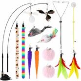 4-in-1 Interactive Cat Feather Toys,12Pcs Durable Fishing Pole Cats Feathers Toy Replacements,Enhanced Suction Cup Cats Wand Toy,Cat String Toys