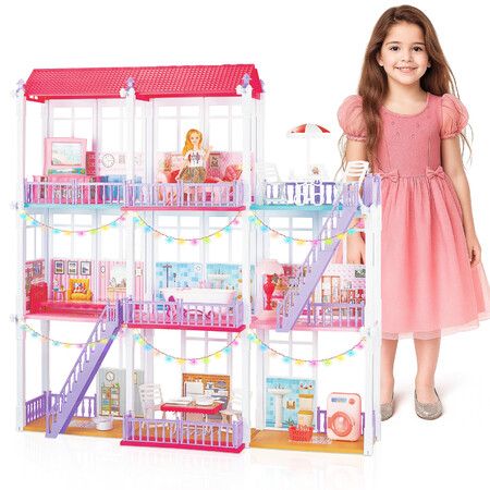 Kids Play Doll House Dream Furniture Princess Castle Children Learning Education Pretend Toys Dollhouse String Lights Playset 3 Levels 8 Rooms