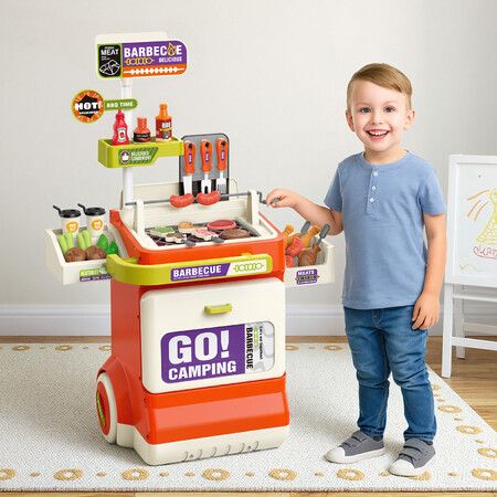 Kids Toys Pretend Play BBQ Grill Cart Trolley Barbecue Playset Childrens Preschool Educational Learning Role Plays Food Kitchen Cooking Set 51 Pcs