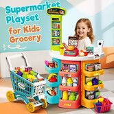 Kids Pretend Play Toys Set Market Shop Grocery Store Supermarket Playset Shopping Trolley Cash Register Scanner Stall Education Role Plays Food 76Pcs