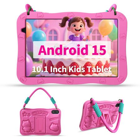 10.1 Inch Android 15 Tablet with 1280 x 800 HD Display,8GB RAM 32GB ROM,WiFi,Bluetooth,Dual Camera,Parental Control for Boys and Girls(Pink)