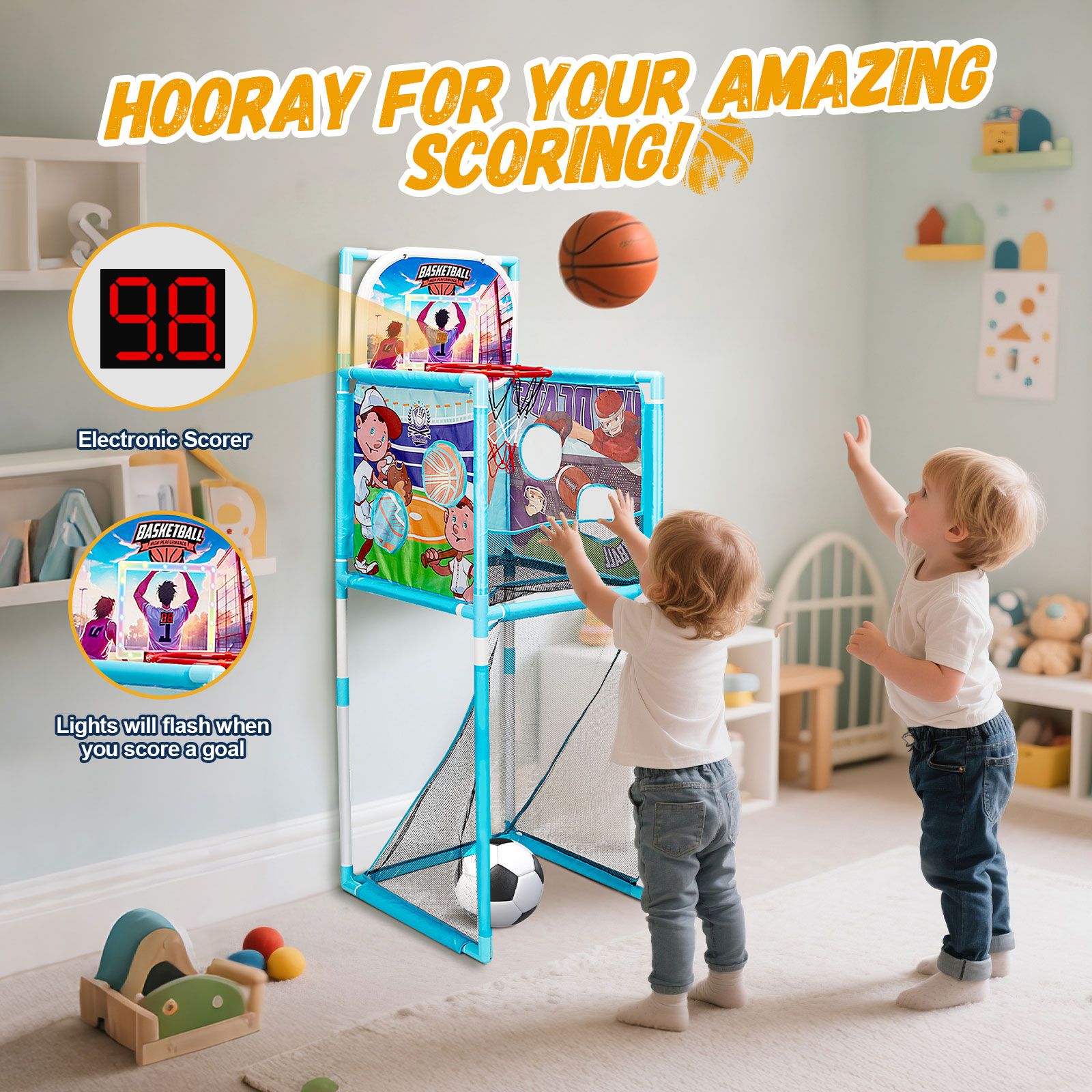 Kids Basketball Hoop Stand Soccer Goal Net Arcade Rugby Baseball Game Set LED Electronic Scoring Indoor Outdoor Sports Activity Centre Playset 5-in-1