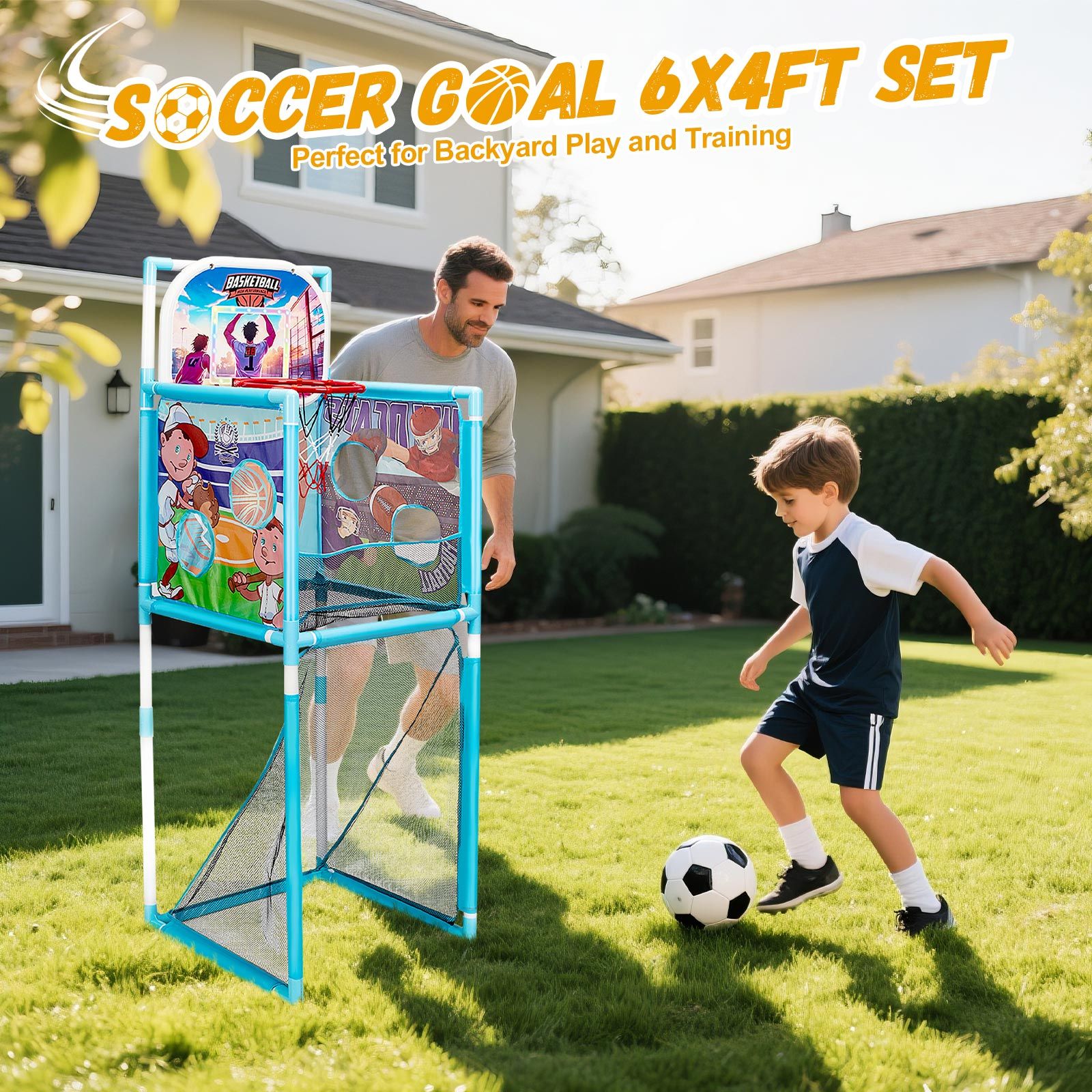 Kids Basketball Hoop Stand Soccer Goal Net Arcade Rugby Baseball Game Set LED Electronic Scoring Indoor Outdoor Sports Activity Centre Playset 5-in-1