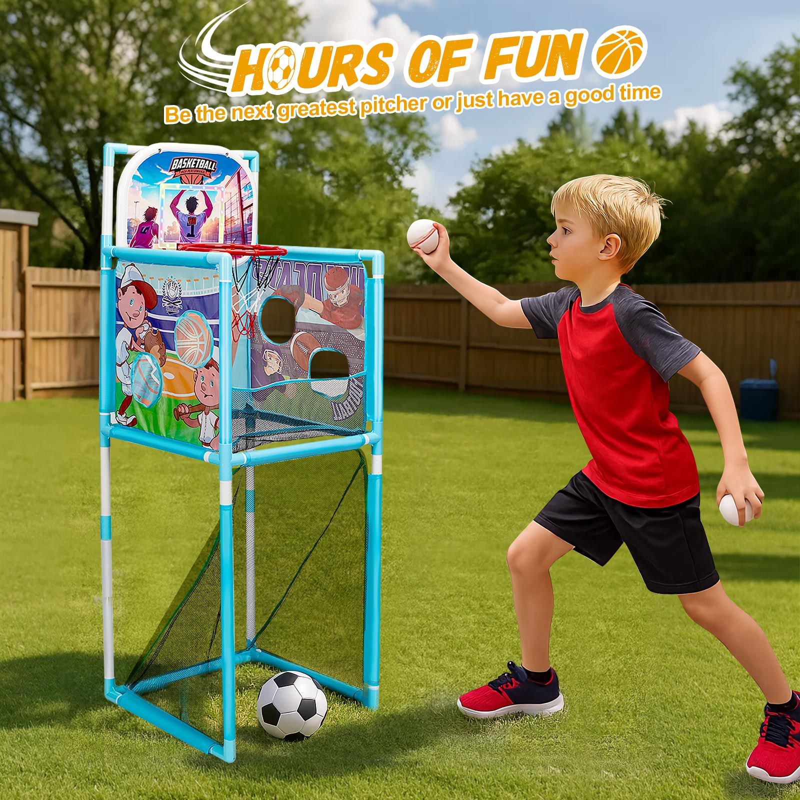 Kids Basketball Hoop Stand Soccer Goal Net Arcade Rugby Baseball Game Set LED Electronic Scoring Indoor Outdoor Sports Activity Centre Playset 5-in-1