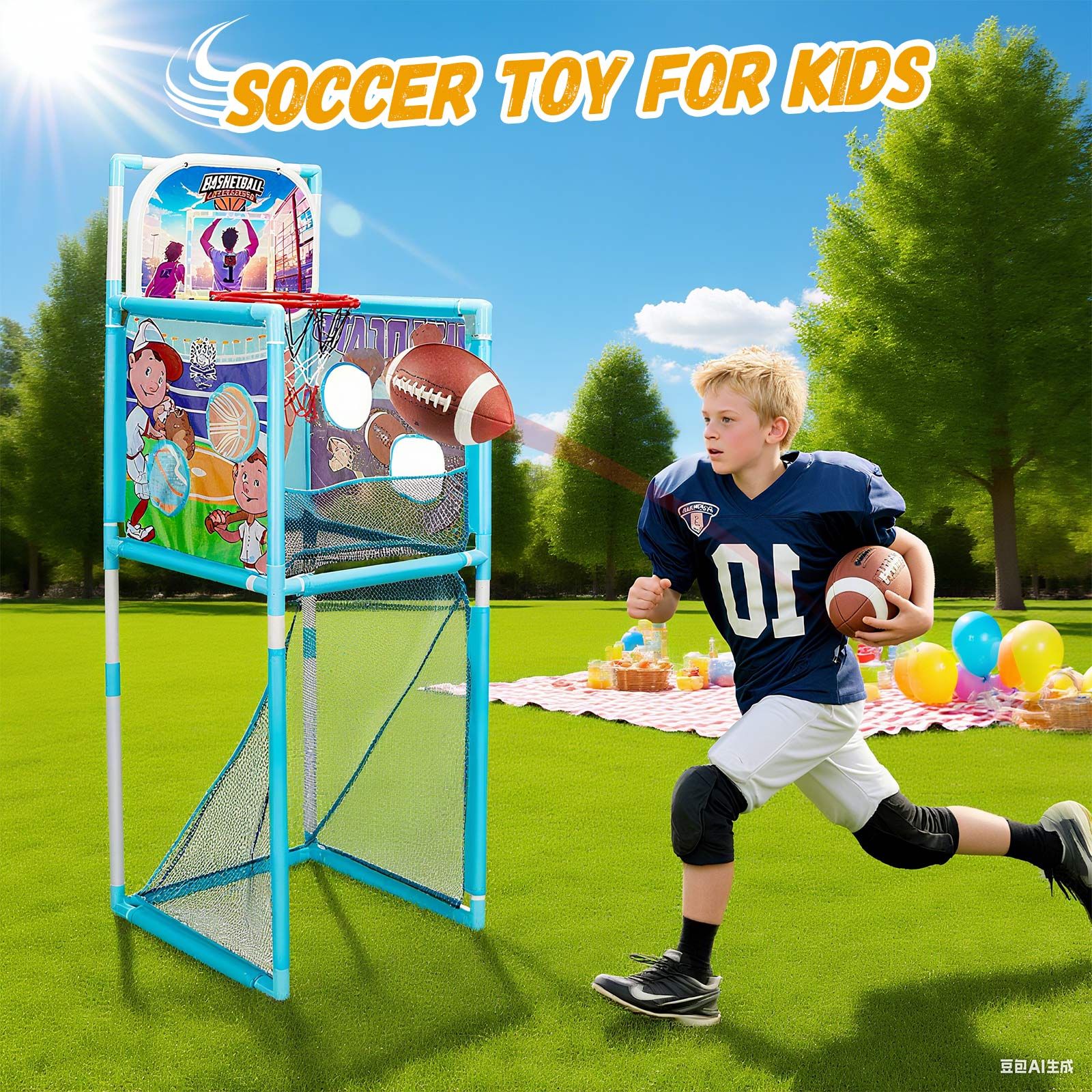 Kids Basketball Hoop Stand Soccer Goal Net Arcade Rugby Baseball Game Set LED Electronic Scoring Indoor Outdoor Sports Activity Centre Playset 5-in-1