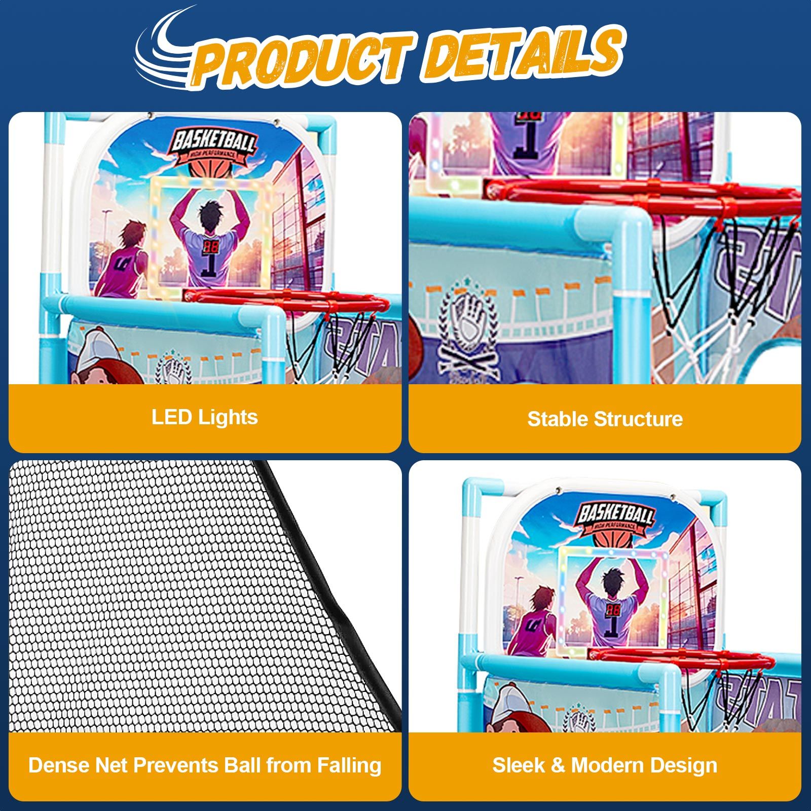 Kids Basketball Hoop Stand Soccer Goal Net Arcade Rugby Baseball Game Set LED Electronic Scoring Indoor Outdoor Sports Activity Centre Playset 5-in-1