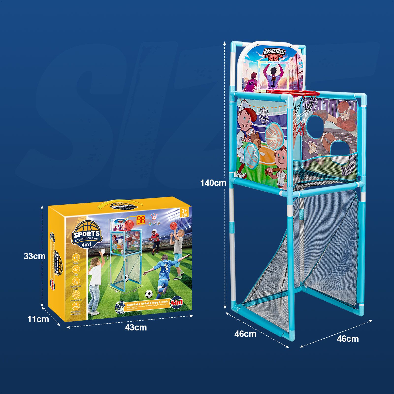 Kids Basketball Hoop Stand Soccer Goal Net Arcade Rugby Baseball Game Set LED Electronic Scoring Indoor Outdoor Sports Activity Centre Playset 5-in-1