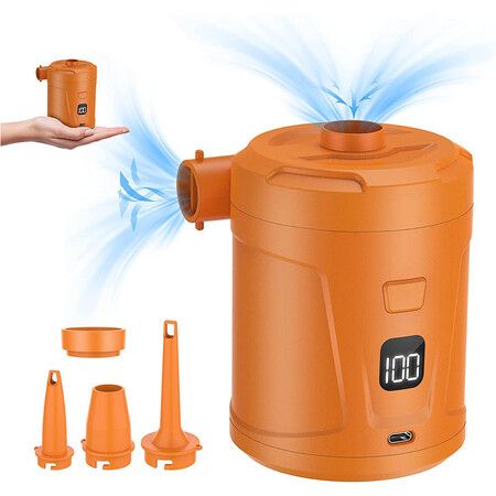 Electric Air Pump for Inflatables, Air Mattress Pump Portable with LCD Display Screen and 4 Nozzles, Inflator Pumps for Pool, Paddle Boats, Camping(Orange)