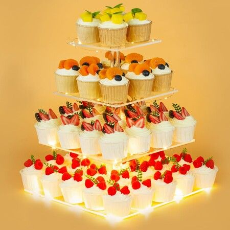 4 Tier Premium Cupcake Stand Cupcake Holder,Acrylic Cupcake Tower with LED Yellow Light for Cupcakes,Dessert Table Display Set