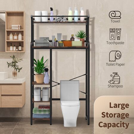 5 Tier Shelf Laundry Storage Rack Over Above Toilet Washing Machine Bathroom Towel Shelves Organiser Unit Freestanding Room Space Saver Paper Holder