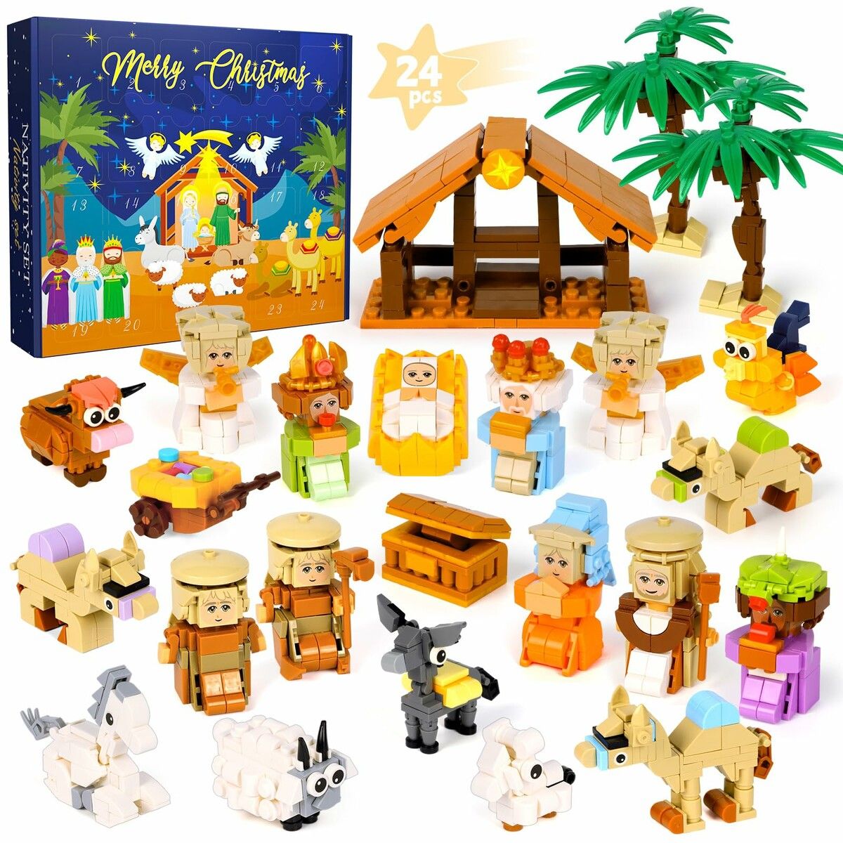 Advent Calendar 2025 Building Blocks 24 Days Christmas Countdown Set with Nativity Scene Figures, Holiday Building Toy Kit for Boys,Girls Ages 6+