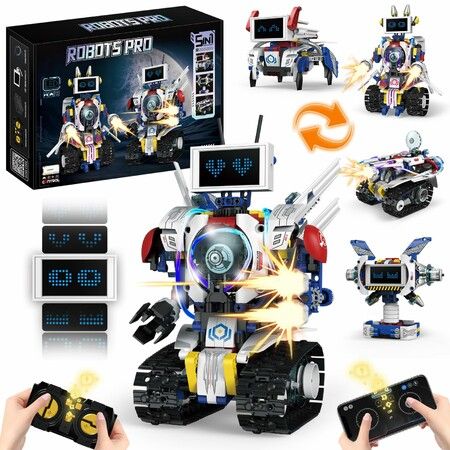 5 in 1 STEM Robot Building Kit, APP  Remote Control Screen Building Toys,Eye Coding Robots Rechargeable, 620Pcs DIY Super Warriors for Boys Learning