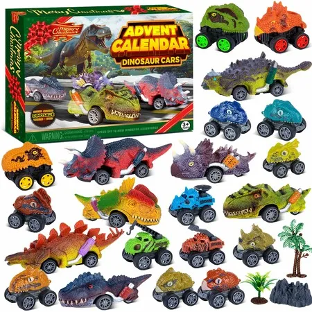 Dinos Cars Advent Calendar 24 Days Monster Truck Christmas Countdown Calendar Pull Back Cars Set for Boys,Christmas Holiday Gift