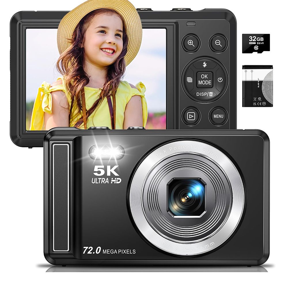 5K Digital Camera, 72MP UHD Digital Cameras for Photography, Autofocus Point and Shoot Small Camera with Flash for Boys Girls, 32GB SD Card, Black