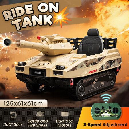 Electric Ride On Car Kids Vehicle Toy Childrens Off Road Military Army Tank Missiles 12V Battery Powered Parental Remote Control 360 Degree Spin Music