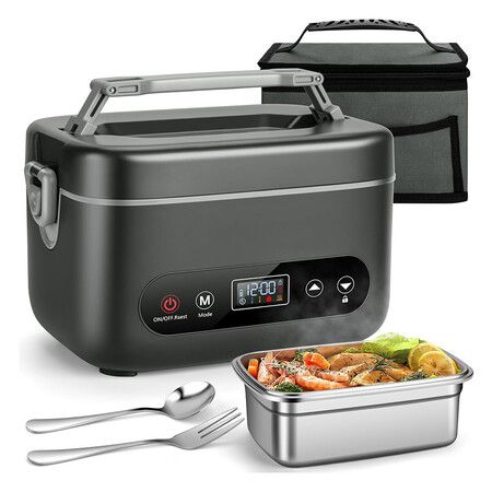 1.2L Cordless Electric Lunch Box, 12000mAh Rechargeable Portable Food Warmer with 5 Sided Heating, Perfect for Office, Outdoor Use (Black Grey)
