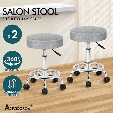 ALFORDSON 2x Salon Stool Round Swivel Barber Hair Dress Chair Light Grey Fabric