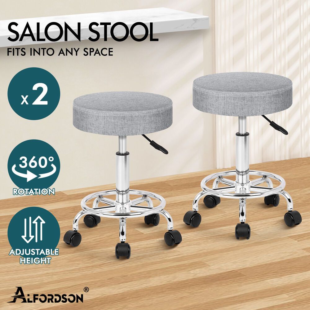 ALFORDSON 2x Salon Stool Round Swivel Barber Hair Dress Chair Light Grey Fabric