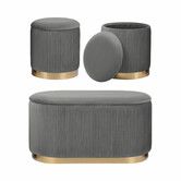 3 Piece Set Storage Ottoman - Velvet Bench Stool FAYE - GREY